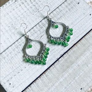 Bohemian Green Moroccan Chandelier Silver Earrings